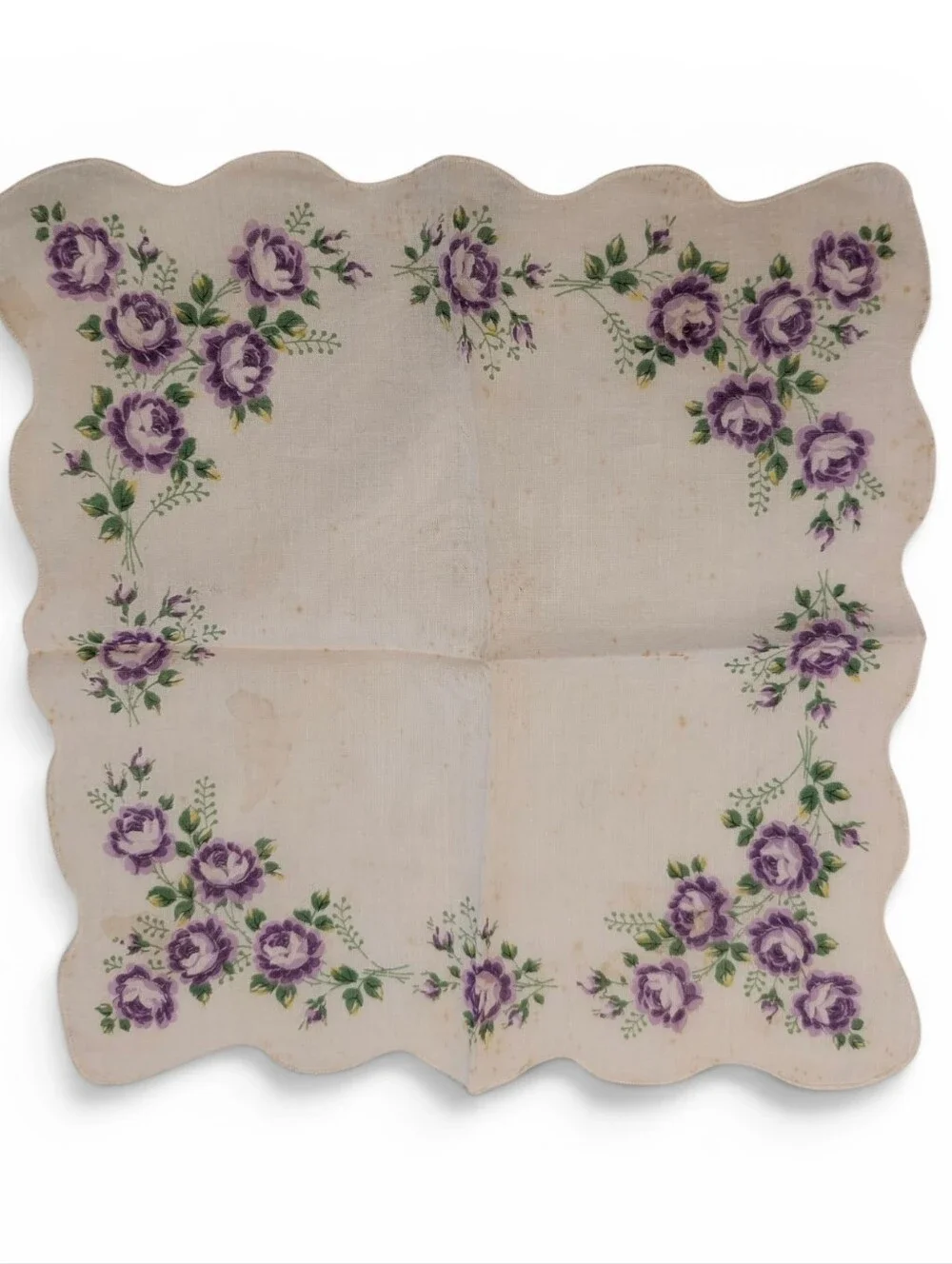 VINTAGE Floral Scalloped Handkerchief Purple Roses Cream Cotton